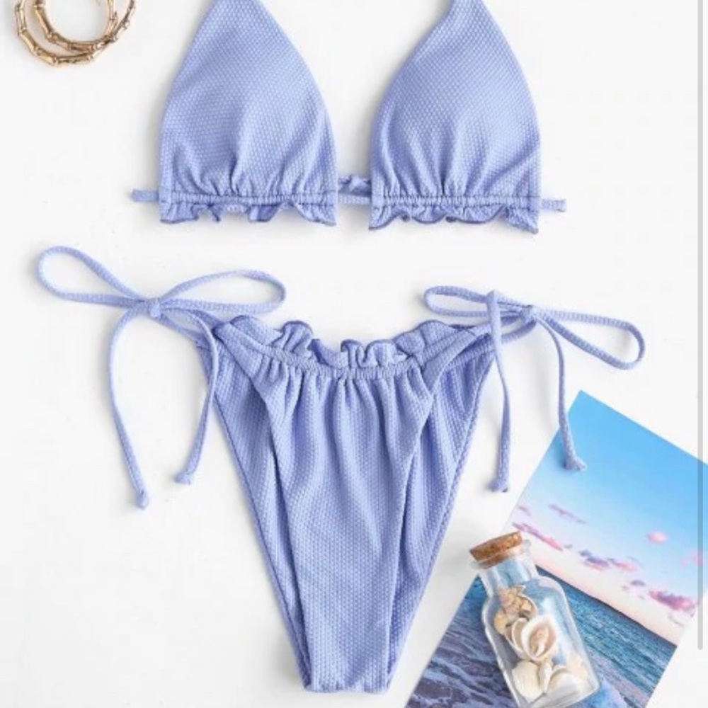 Textured Lettuce Side Tie Light Blue Bikini